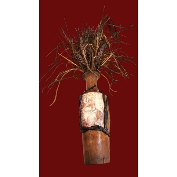 Wooden Fence Post Vase With Fox Design & Faux Grass Grain Arrangement 28" tall W - Picture 12 of 15